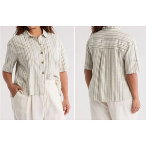 Sanctuary Top Womens 2X Striped Camp Linen Button-Up Shirt‎ NWT